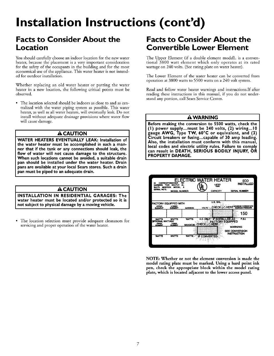 Facts to consider about the location, A caution, Installation instructions (cont’d) | A warning | Kenmore POWER MISER 153.32676 User Manual | Page 7 / 32