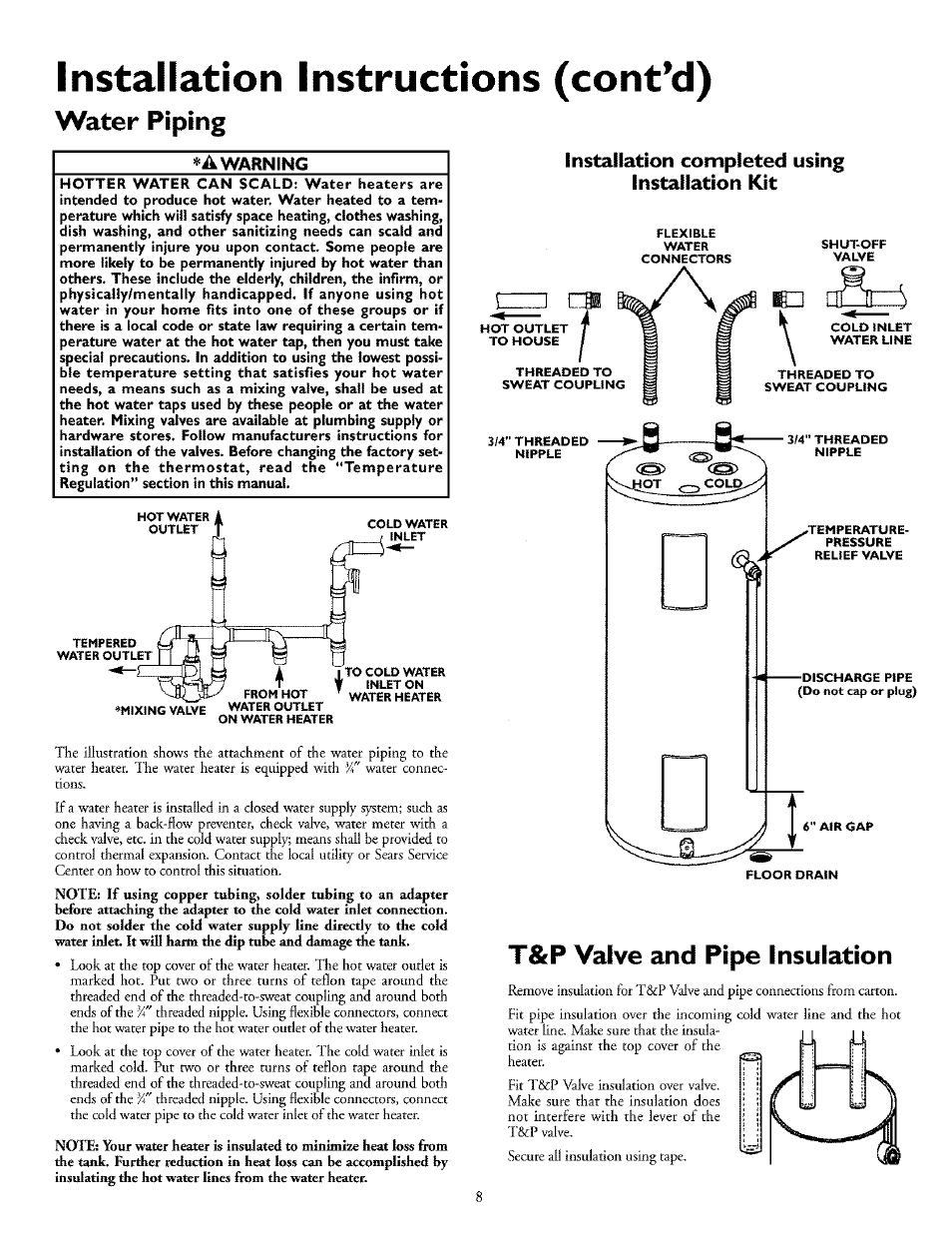 Installation instructions (cont’d), Water piping, Xa warning | Installation completed using installation kit, T&p valve and pipe insulation, Installation instructions, Witer piping | Kenmore POWER MISER 153.32676 User Manual | Page 8 / 32