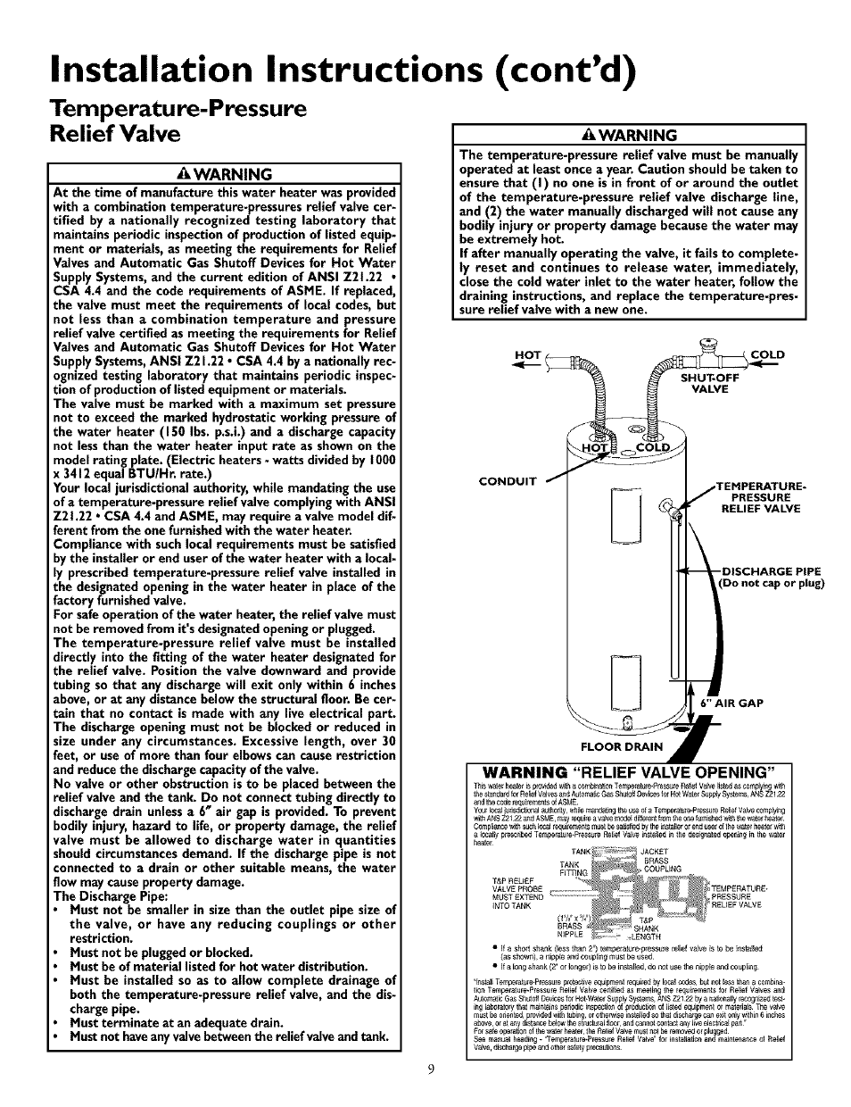 Temperatu re- pressure relief valve, A warning, Warning ‘relief valve opening | Temperature-pressure relief valve, Installation instructions (cont’d) | Kenmore POWER MISER 153.32676 User Manual | Page 9 / 32