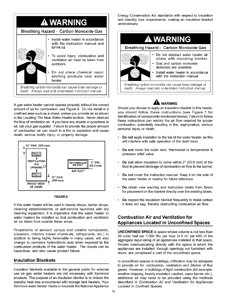 A warning, Breathing hazard - carbon monoxide gas, Insulation blankets | Insulation jackets, Warning | Kenmore THE ECONOMIZER 153.333545 User Manual | Page 10 / 28