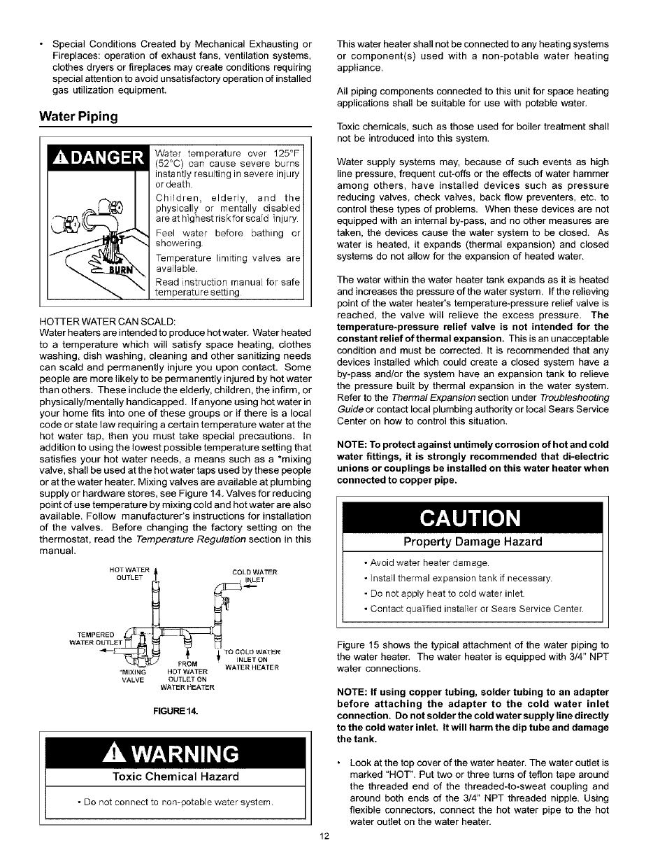 Water piping, A warning, Toxic chemical hazard | Water piping -13, Warning, Caution, Adanger | Kenmore THE ECONOMIZER 153.333545 User Manual | Page 12 / 28