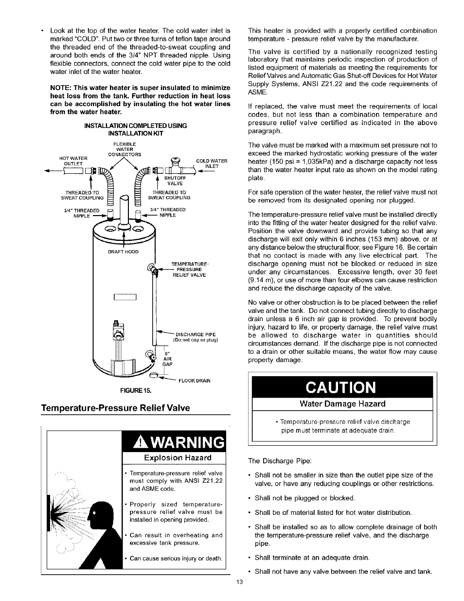 Temperature-pressure relief valve, Temperature pressure relief valve -14, Caution | Warning | Kenmore THE ECONOMIZER 153.333545 User Manual | Page 13 / 28