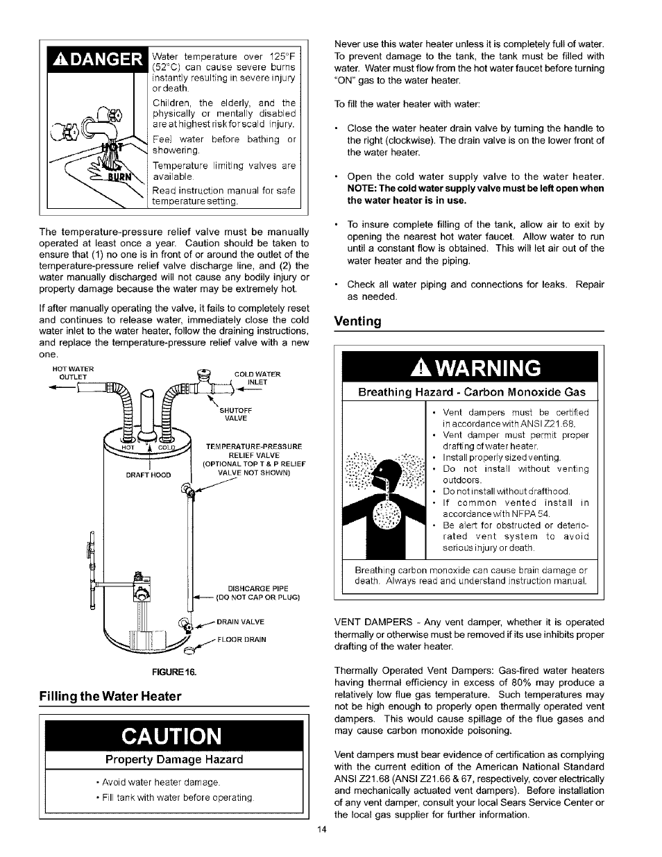 Filling the water heater, Venting, Removing the oid water heater | Venting -15, Caution, Warning, Adanger | Kenmore THE ECONOMIZER 153.333545 User Manual | Page 14 / 28