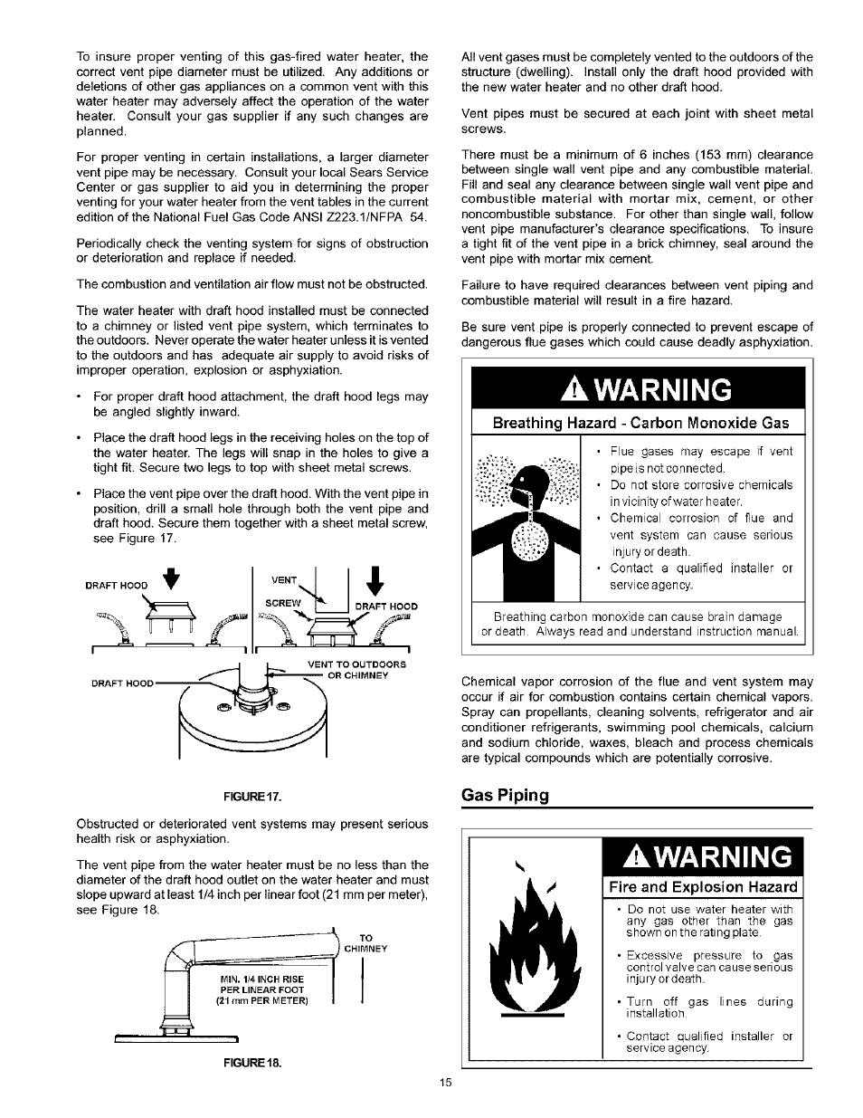 Breathing hazard - carbon monoxide gas, Gas piping, Gas piping -16 | Awarning, Warning | Kenmore THE ECONOMIZER 153.333545 User Manual | Page 15 / 28