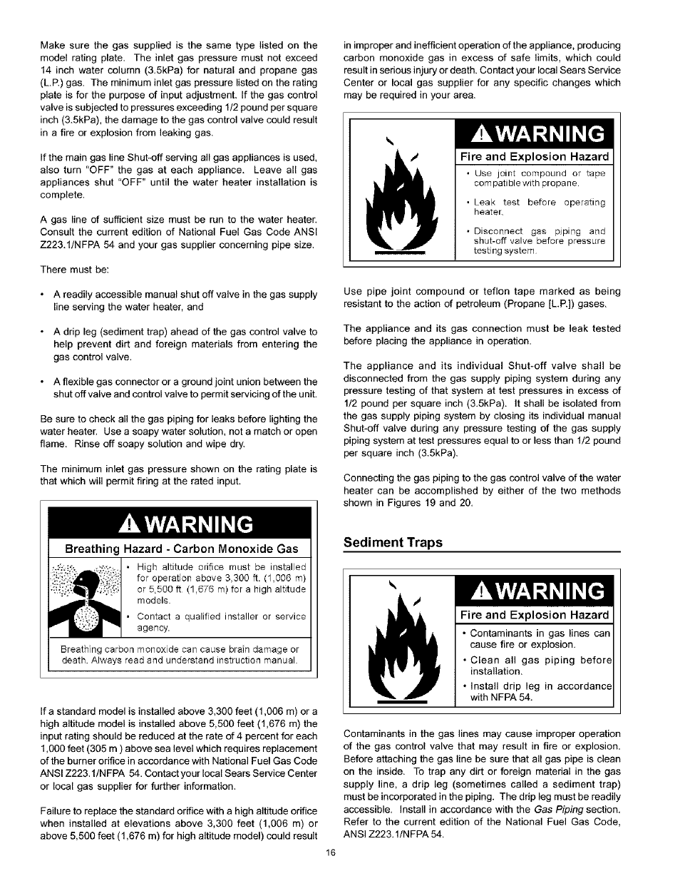 A warning, Breathing hazard - carbon monoxide gas, Awarning | Fire and explosion hazard, Sediment traps, Sediment trap -17, Warning | Kenmore THE ECONOMIZER 153.333545 User Manual | Page 16 / 28