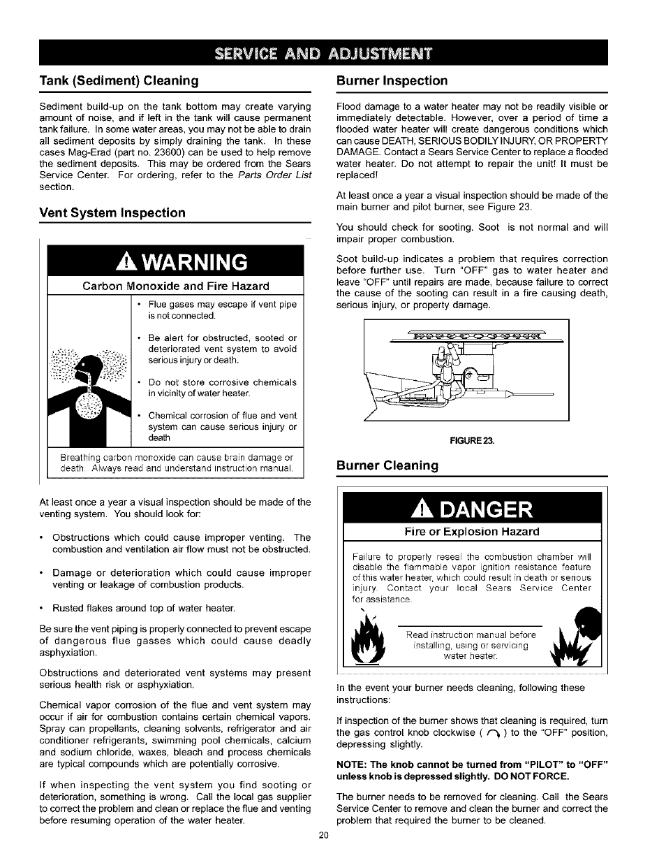 Tank (sediment) cleaning, Vent system inspection, Tank {sediment) cleaning | Venting system inspection, A danger, Warning | Kenmore THE ECONOMIZER 153.333545 User Manual | Page 20 / 28