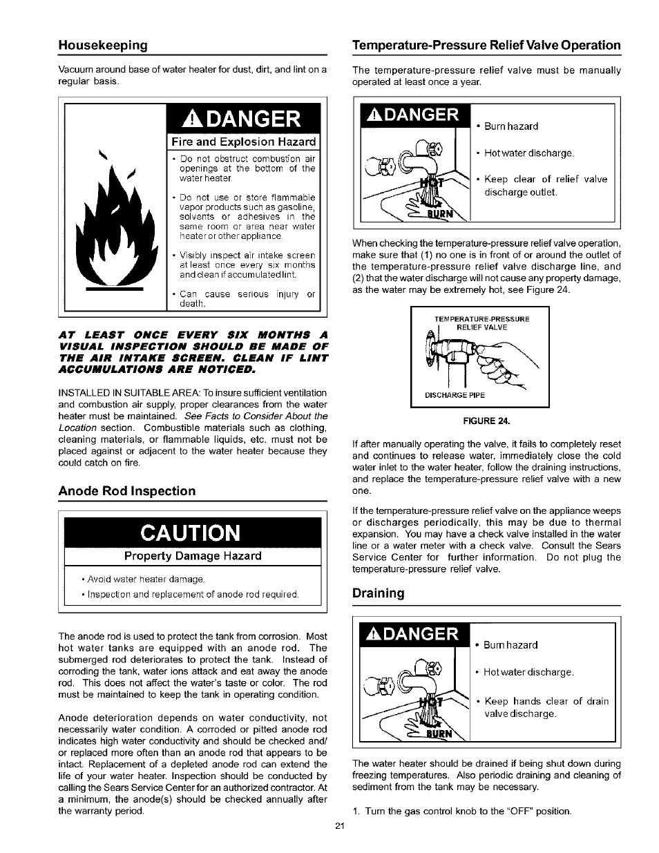 Temperature-pressure relief valve operation, Adanger, Fire and explosion hazard | Anode rod inspection, Caution, Property damage hazard, Draining, Burner inspection, Draining -22 | Kenmore THE ECONOMIZER 153.333545 User Manual | Page 21 / 28