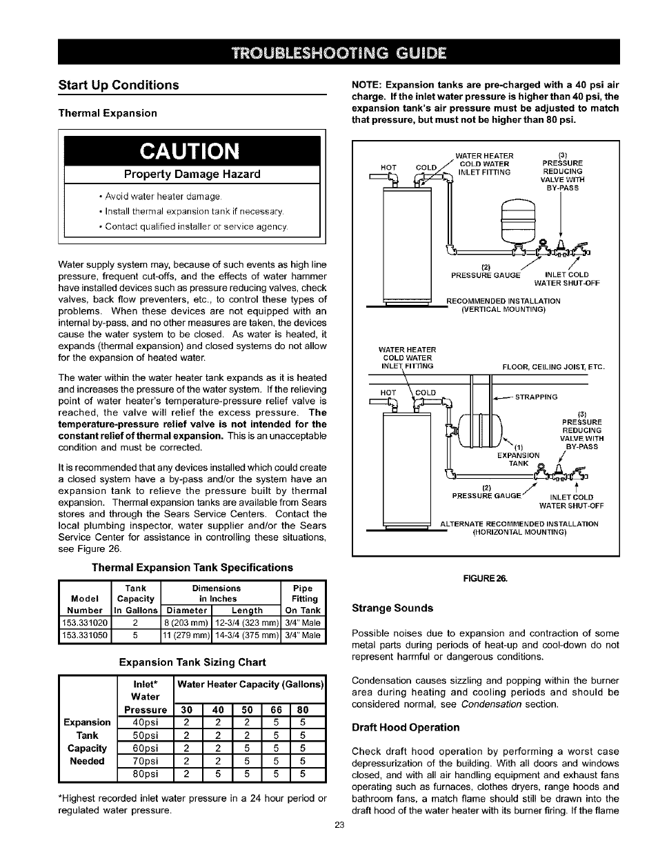 Thermal expansion, Caution, Property damage hazard | Thermal expansion tank specifications, Expansion tank sizing chart, Strange sounds, Draft hood operation, Draft hood operation -24, Start up conditions | Kenmore THE ECONOMIZER 153.333545 User Manual | Page 23 / 28