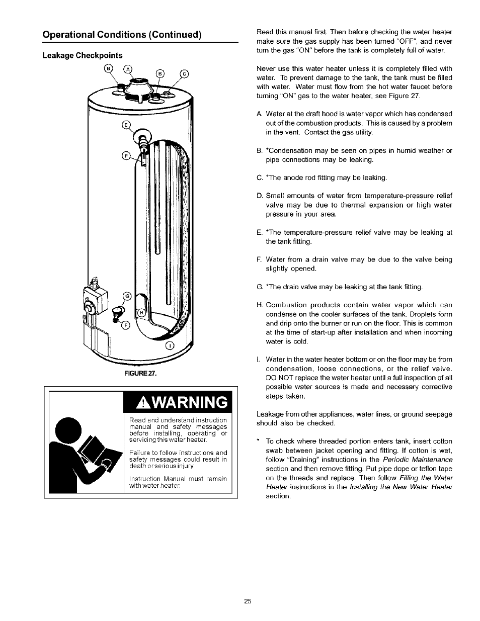 Operational conditions (continued), Leakage checkpoints, Awarning | Kenmore THE ECONOMIZER 153.333545 User Manual | Page 25 / 28