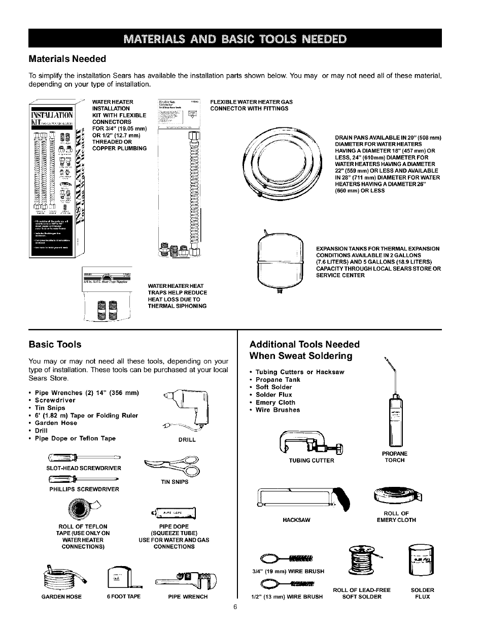 Materials needed, Basic tools, Additionai toois needed when sweat soidering | Material needed | Kenmore THE ECONOMIZER 153.333545 User Manual | Page 6 / 28