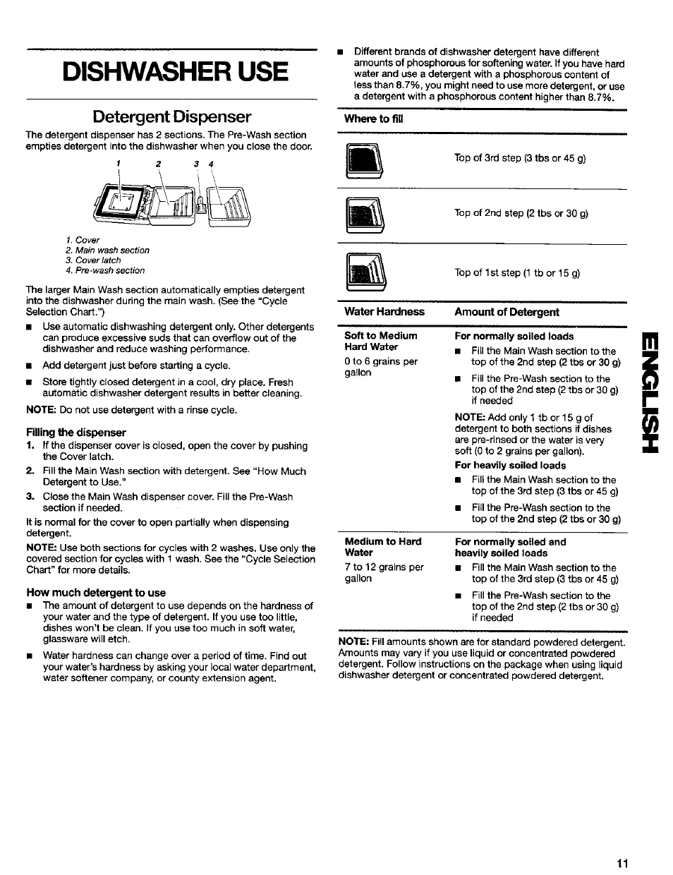 Dishwasher use, Detergent dispenser, Filling the dispenser | How much detergent to use, Where to fill, Water hardness amount of detergent | Kenmore ULTRA WASH 665.16837 User Manual | Page 11 / 20