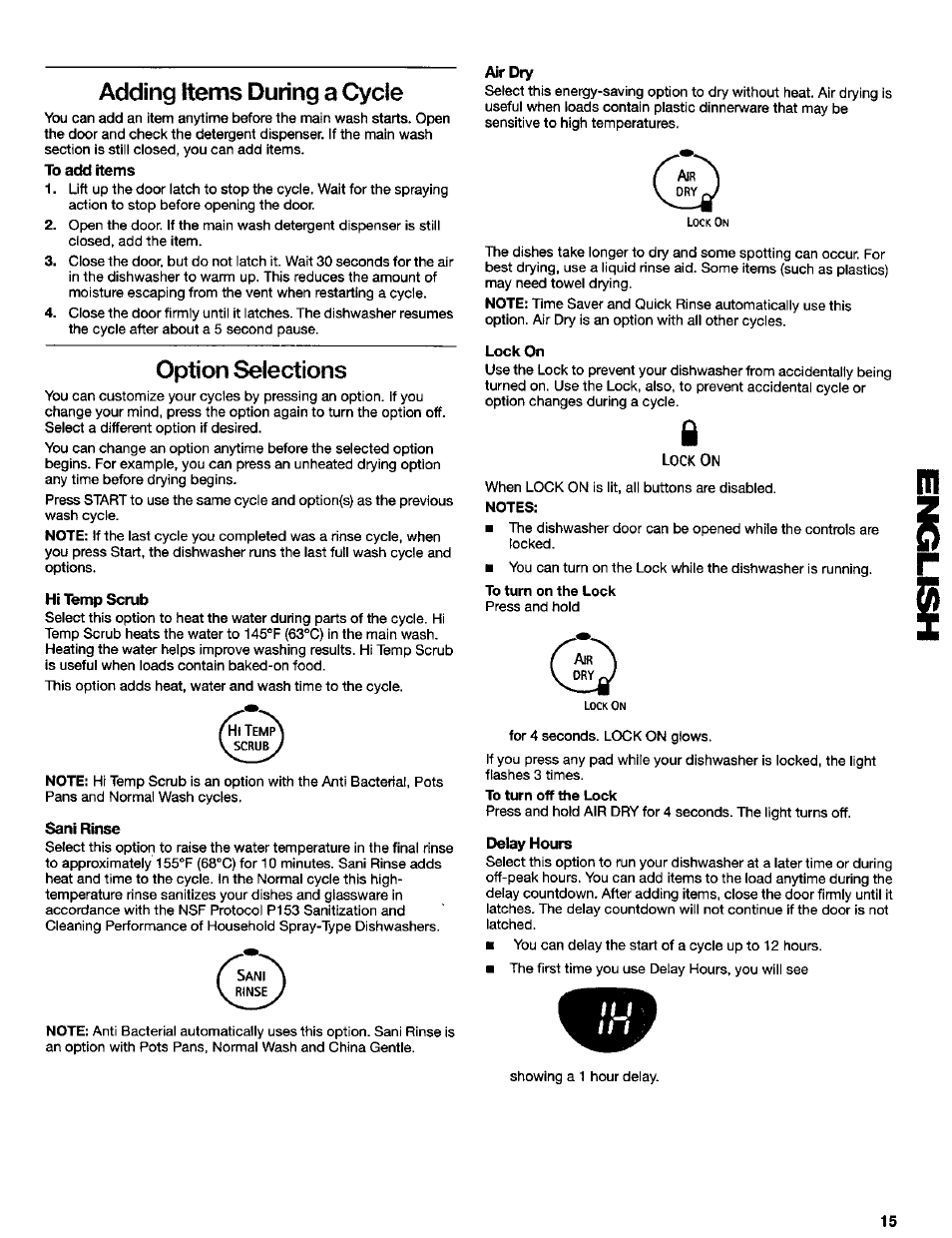 Adding items during a cycle, To add items, Option selections | Hi temp scrub, Sani rinse, Air dry, Lock on, Delay hours | Kenmore ULTRA WASH 665.16837 User Manual | Page 15 / 20