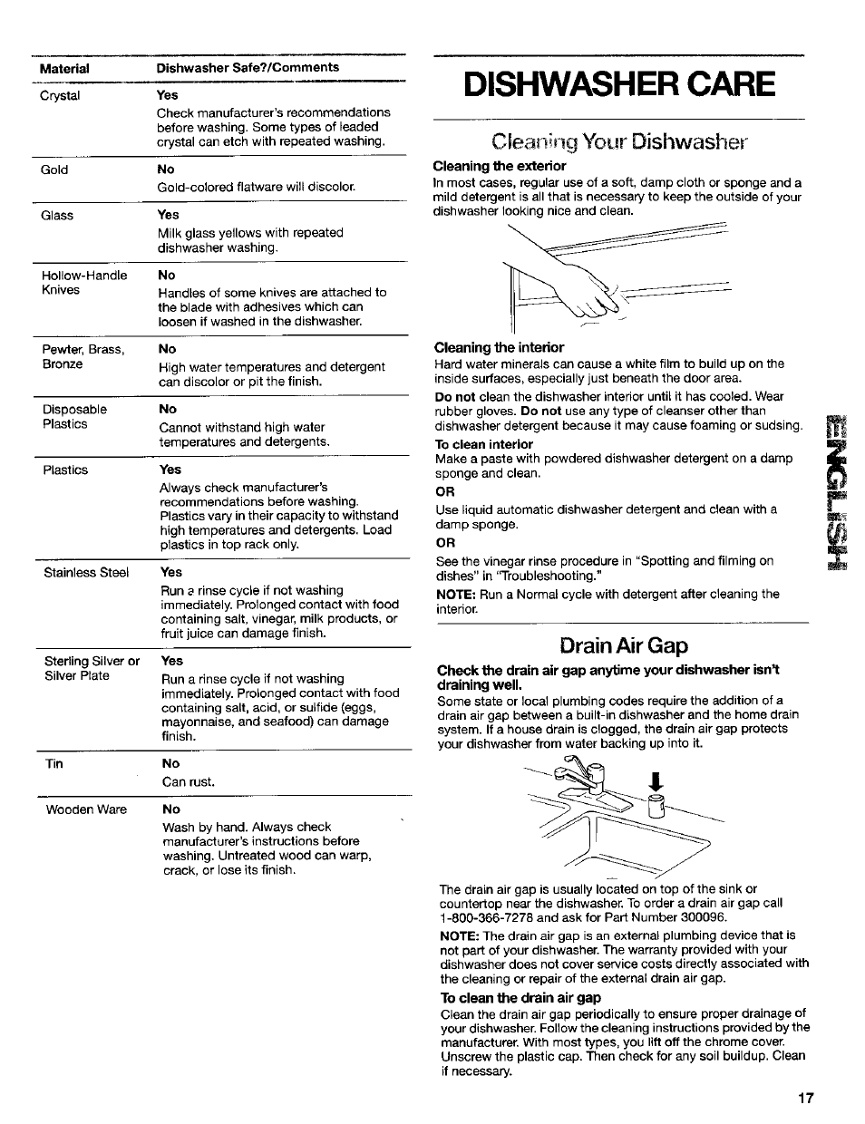 Dishwasher care, Cleaning the exterior, Cleaning the interior | Drain air gap, To clean the drain air gap, Cleaning, Your dishwasher | Kenmore ULTRA WASH 665.16837 User Manual | Page 17 / 20