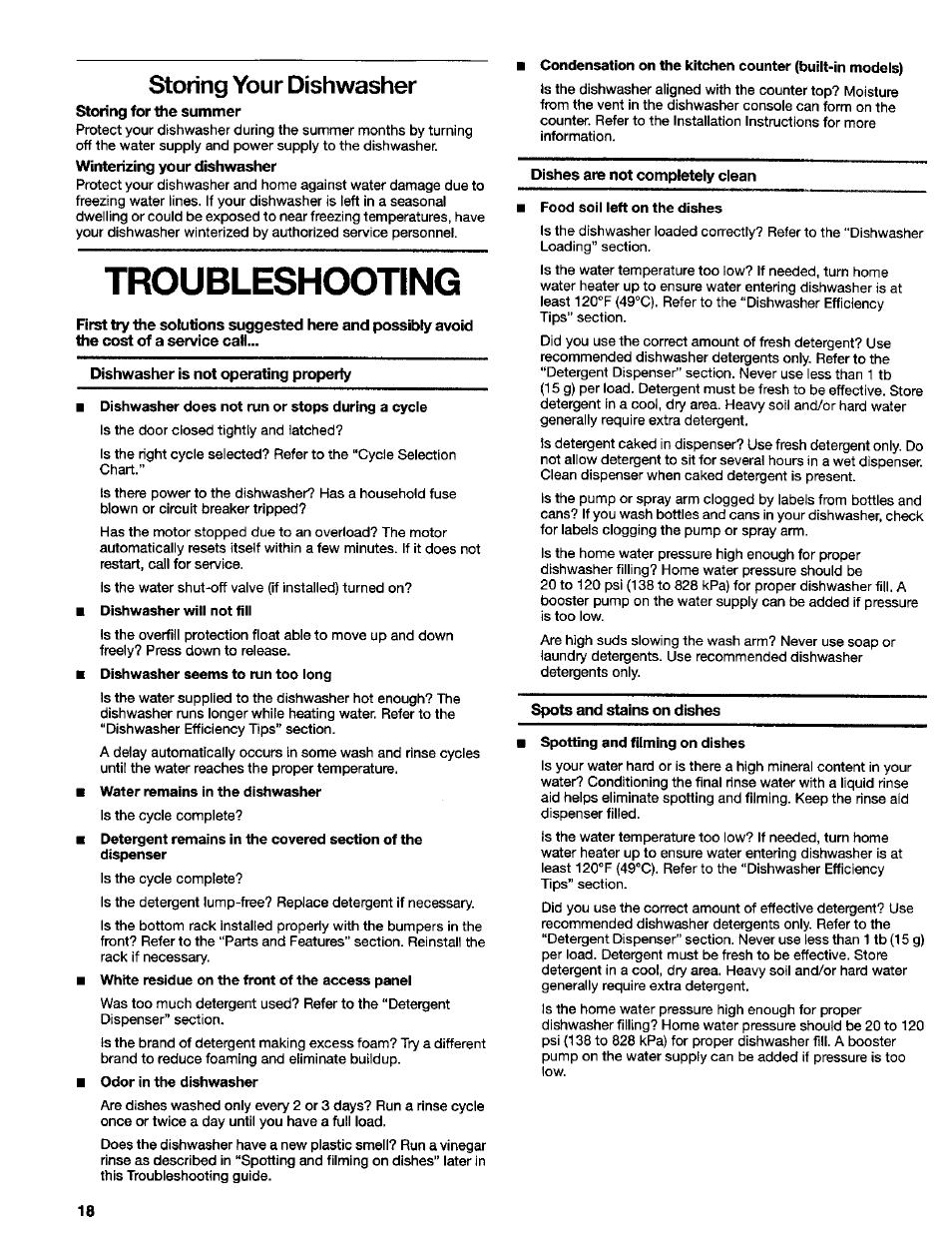 Storing your dishwasher, Storing for the summer, Winterizing your dishwasher | Troubleshooting, Dishwasher is not operating property, Cleaning your dishwasher | Kenmore ULTRA WASH 665.16837 User Manual | Page 18 / 20