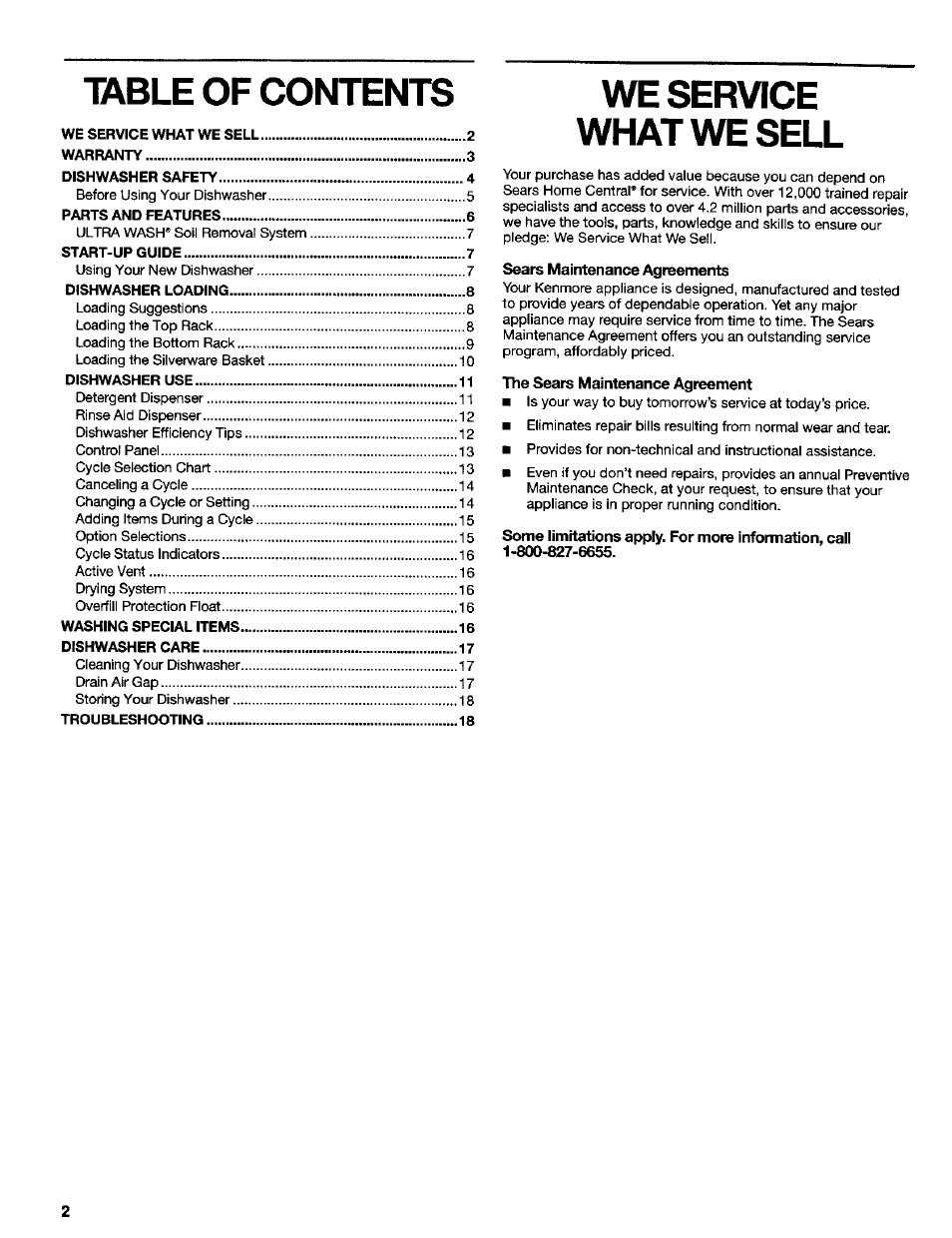 We service, Table of contents we service, What we sell | Kenmore ULTRA WASH 665.16837 User Manual | Page 2 / 20