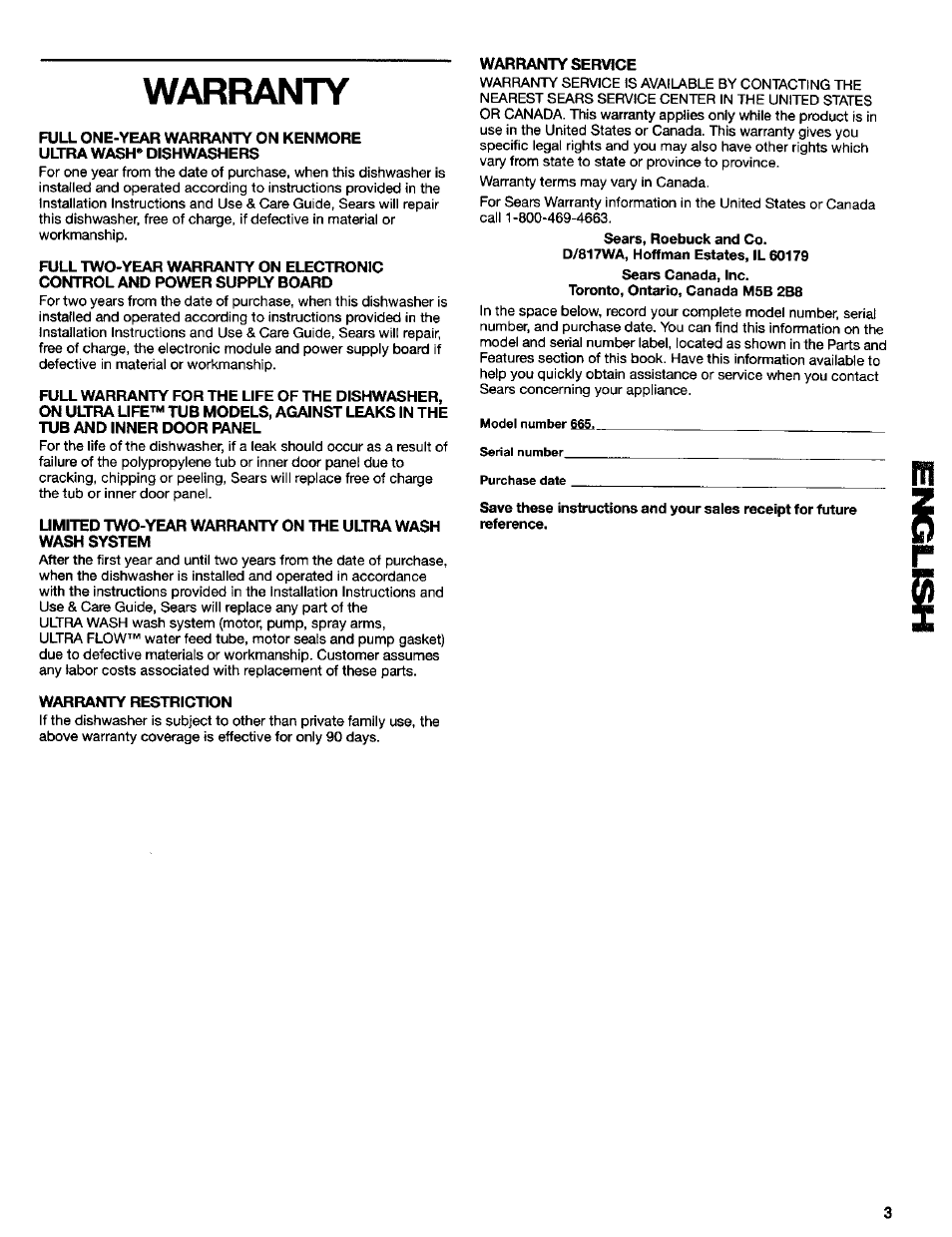 Warranty, Warranty restriction, Warranty serfage | Kenmore ULTRA WASH 665.16837 User Manual | Page 3 / 20