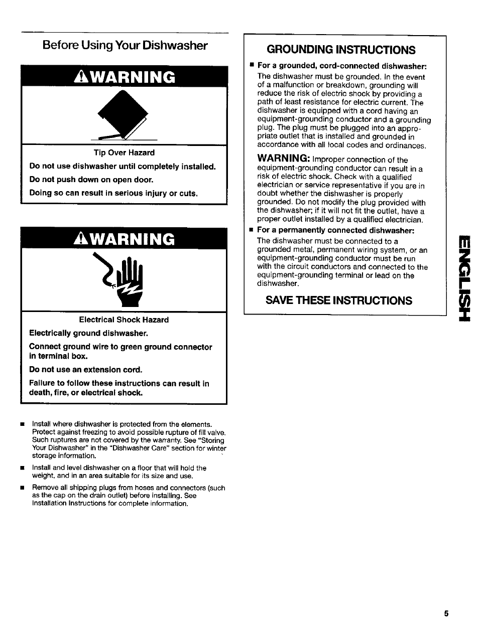 Before using your dishwasher, Tip over hazard, Eiectricai shock hazard | Do not use an extension cord, Warning, Awarning | Kenmore ULTRA WASH 665.16837 User Manual | Page 5 / 20