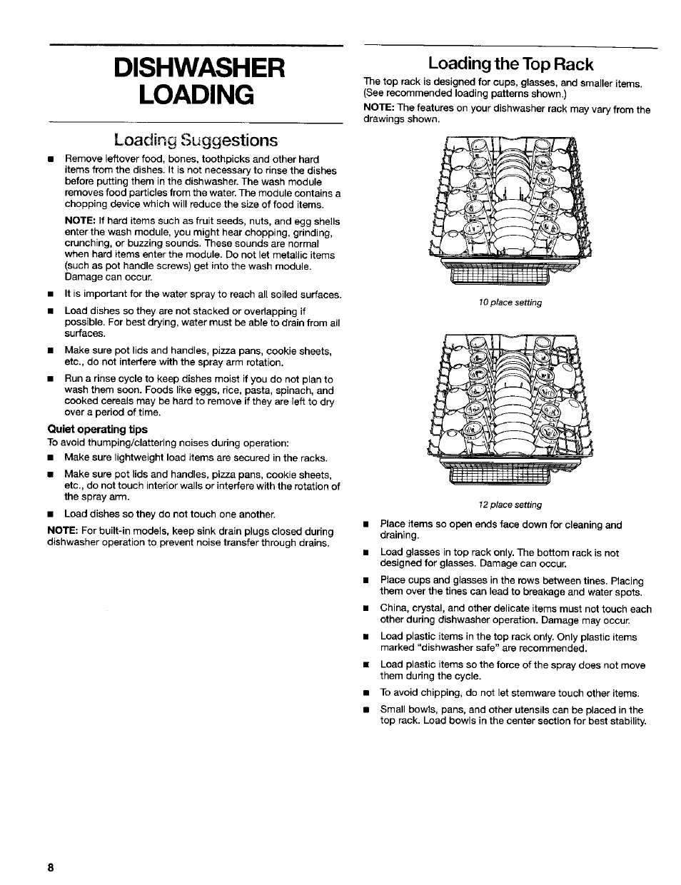 Dishwasher, Loading, Loading suggestions | Quiet operating tips, Loading the top rack, Dishwasher loading | Kenmore ULTRA WASH 665.16837 User Manual | Page 8 / 20