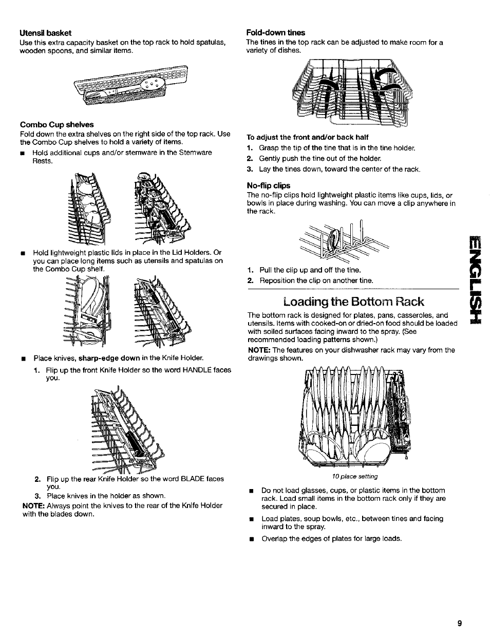 Utensil basket, Combo cup shelves, Fold-down tines | No-flip clips, Loading the bottom rack | Kenmore ULTRA WASH 665.16837 User Manual | Page 9 / 20