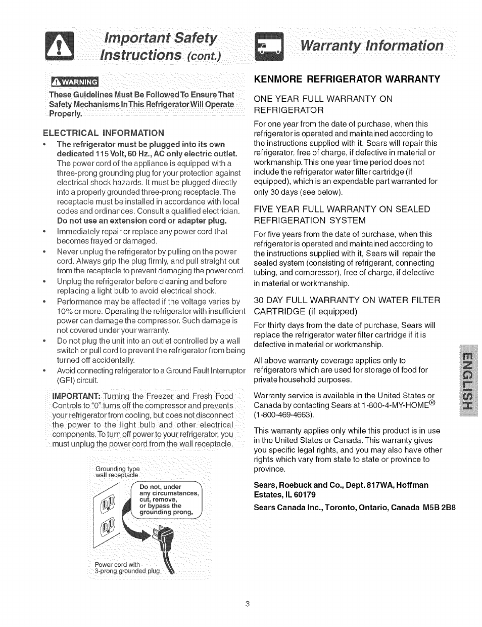 Kenmore refrigerator warranty, Iiisfriicfloiis^tcoiifj, Warranty information | Kenmore 2535567340A User Manual | Page 3 / 24