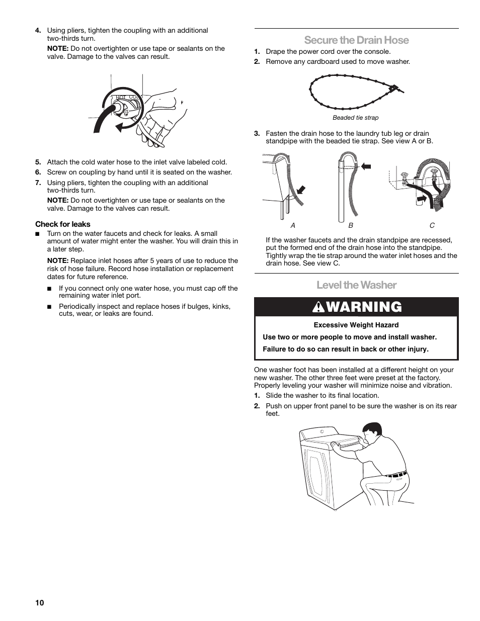 Warning, Secure the drain hose, Level the washer | Kenmore elite 2709 User Manual | Page 10 / 76