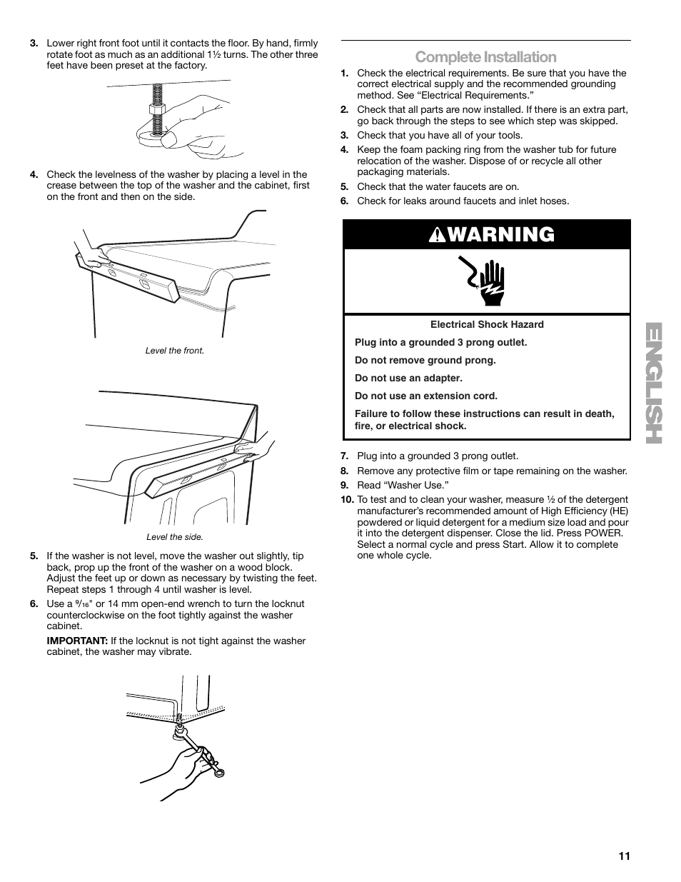 Warning, Complete installation | Kenmore elite 2709 User Manual | Page 11 / 76