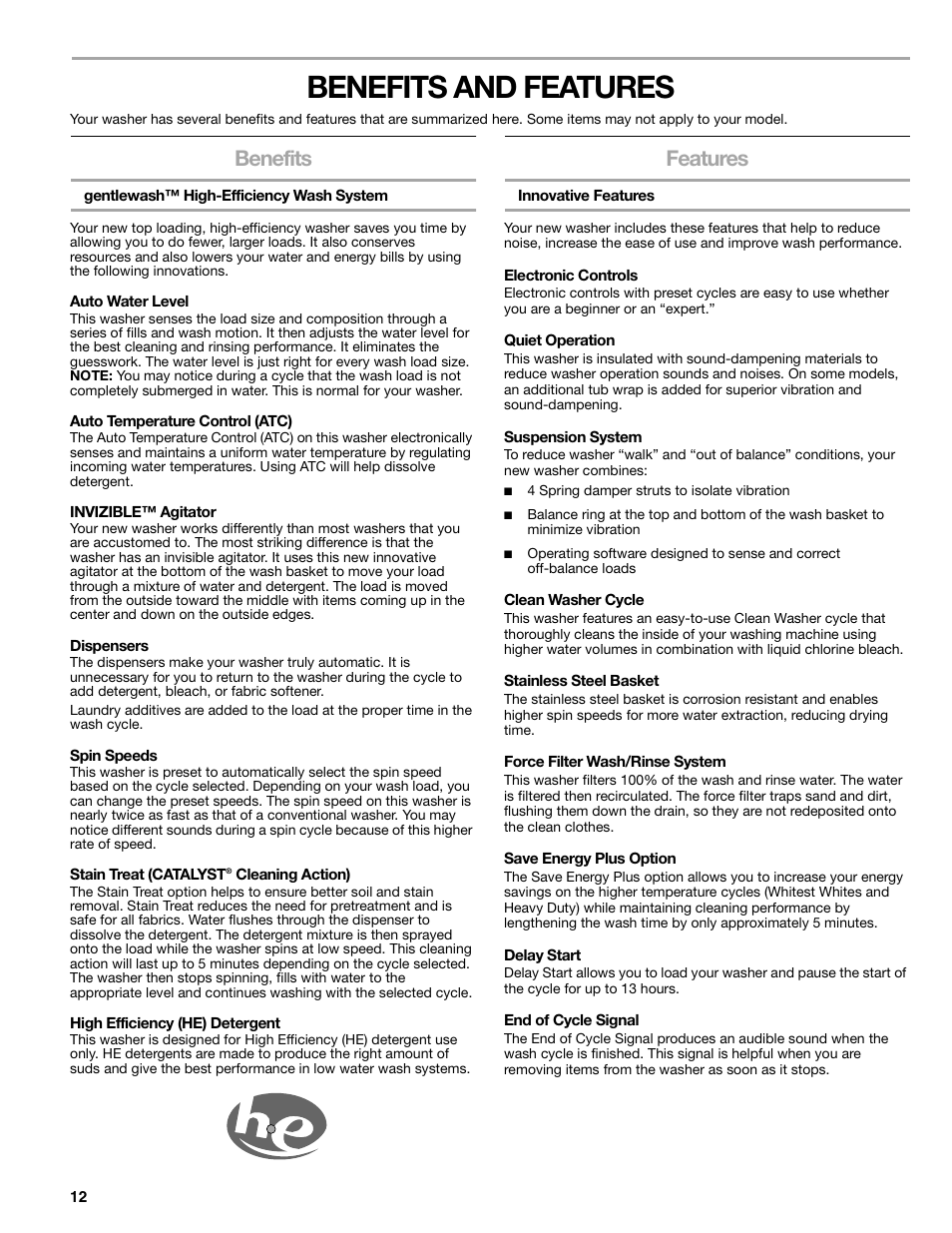 Benefits and features, Benefits, Features | Kenmore elite 2709 User Manual | Page 12 / 76