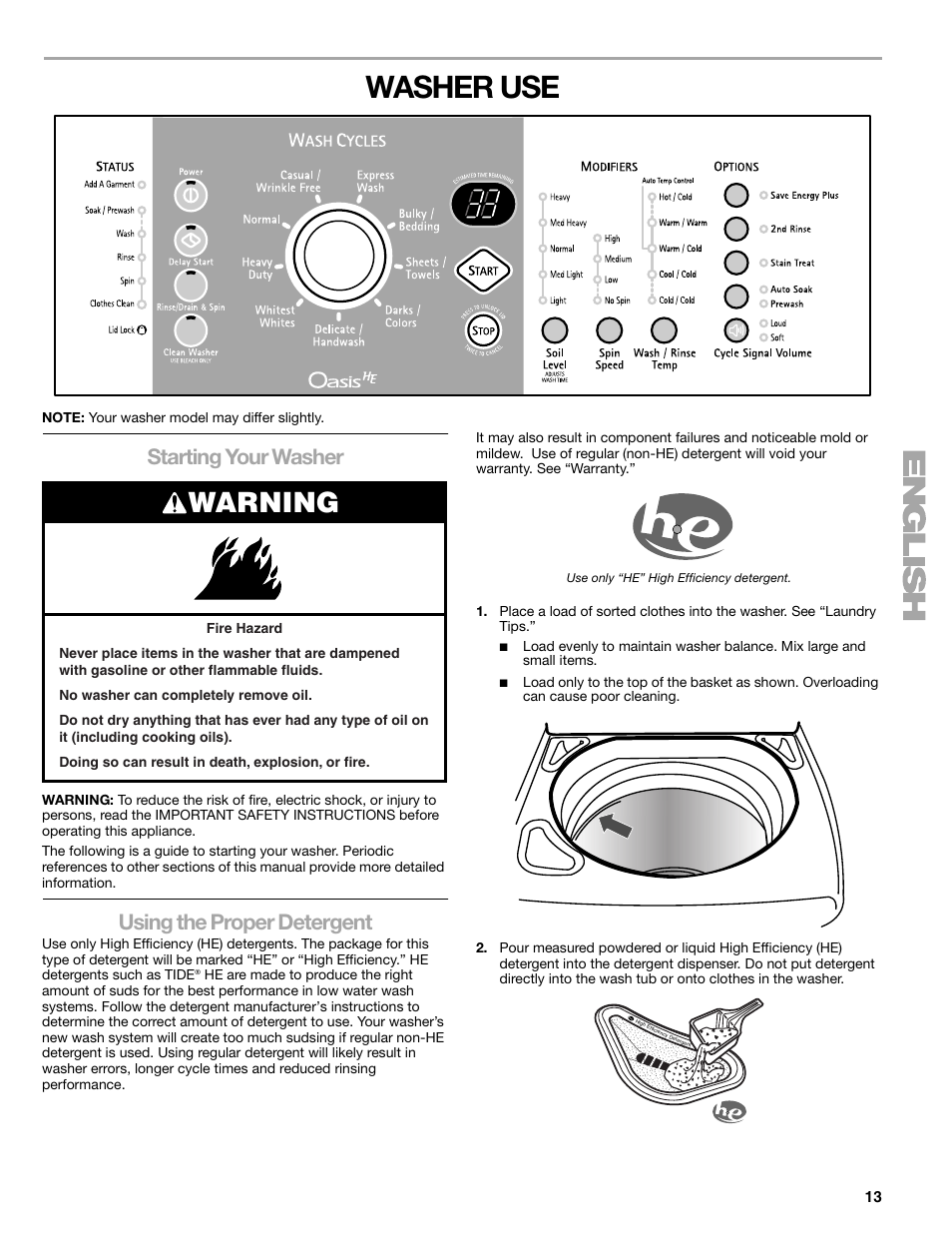 Washer use, Warning, Starting your washer | Using the proper detergent | Kenmore elite 2709 User Manual | Page 13 / 76