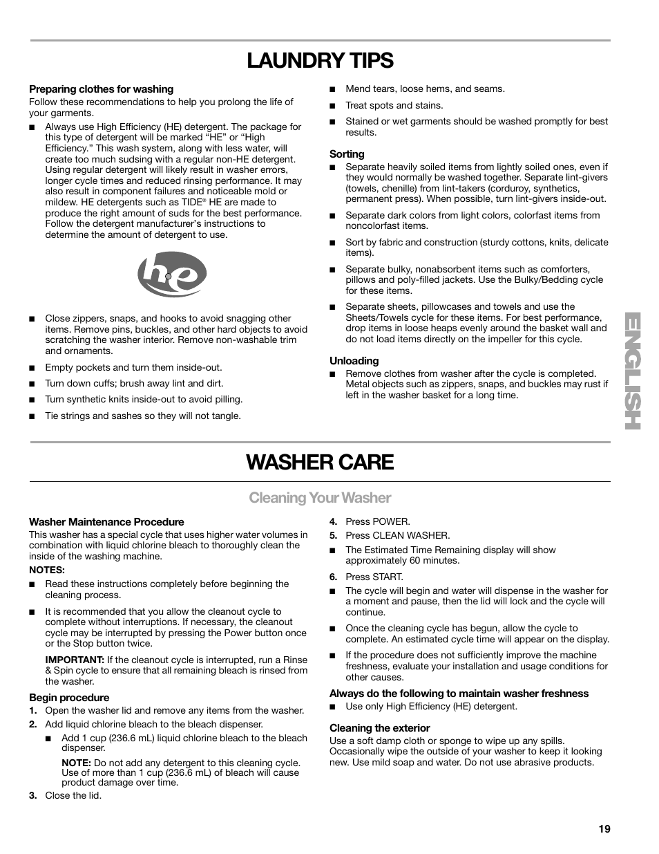 Laundry tips, Washer care, Cleaning your washer | Kenmore elite 2709 User Manual | Page 19 / 76