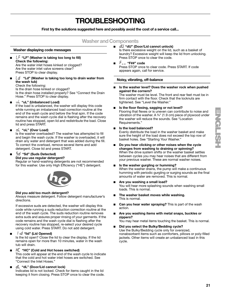 Troubleshooting, Washer and components | Kenmore elite 2709 User Manual | Page 21 / 76