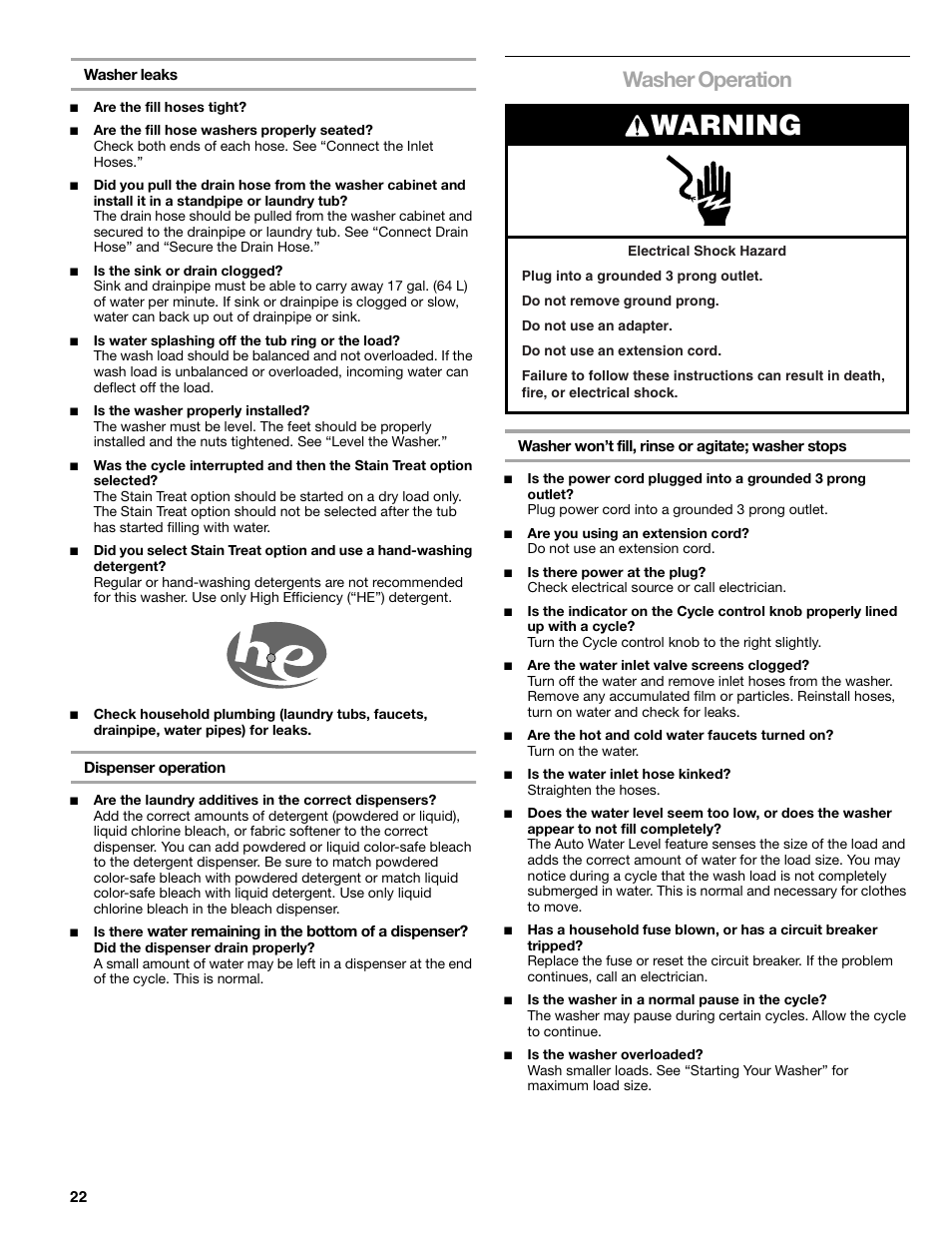 Warning, Washer operation | Kenmore elite 2709 User Manual | Page 22 / 76