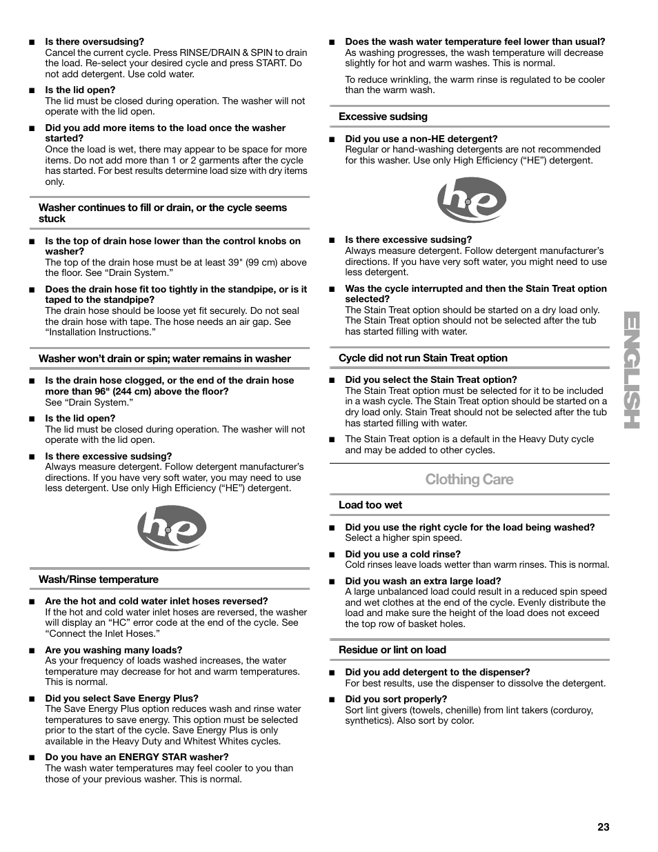 Clothing care | Kenmore elite 2709 User Manual | Page 23 / 76