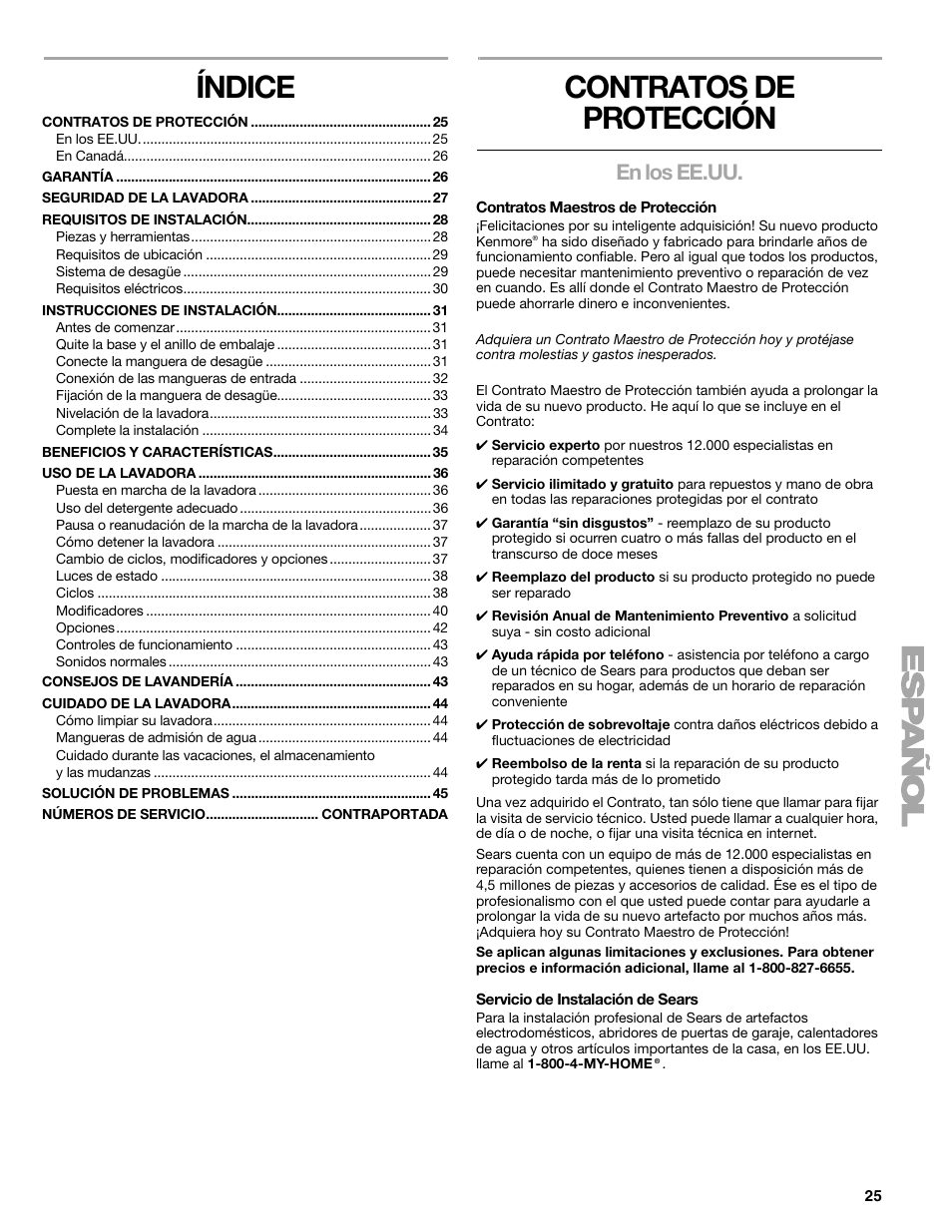 Índice, Contratos de protección, En los ee.uu | Kenmore elite 2709 User Manual | Page 25 / 76