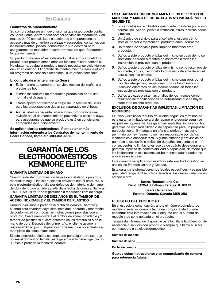 Garantía de los electrodomésticos kenmore elite, En canadá | Kenmore elite 2709 User Manual | Page 26 / 76