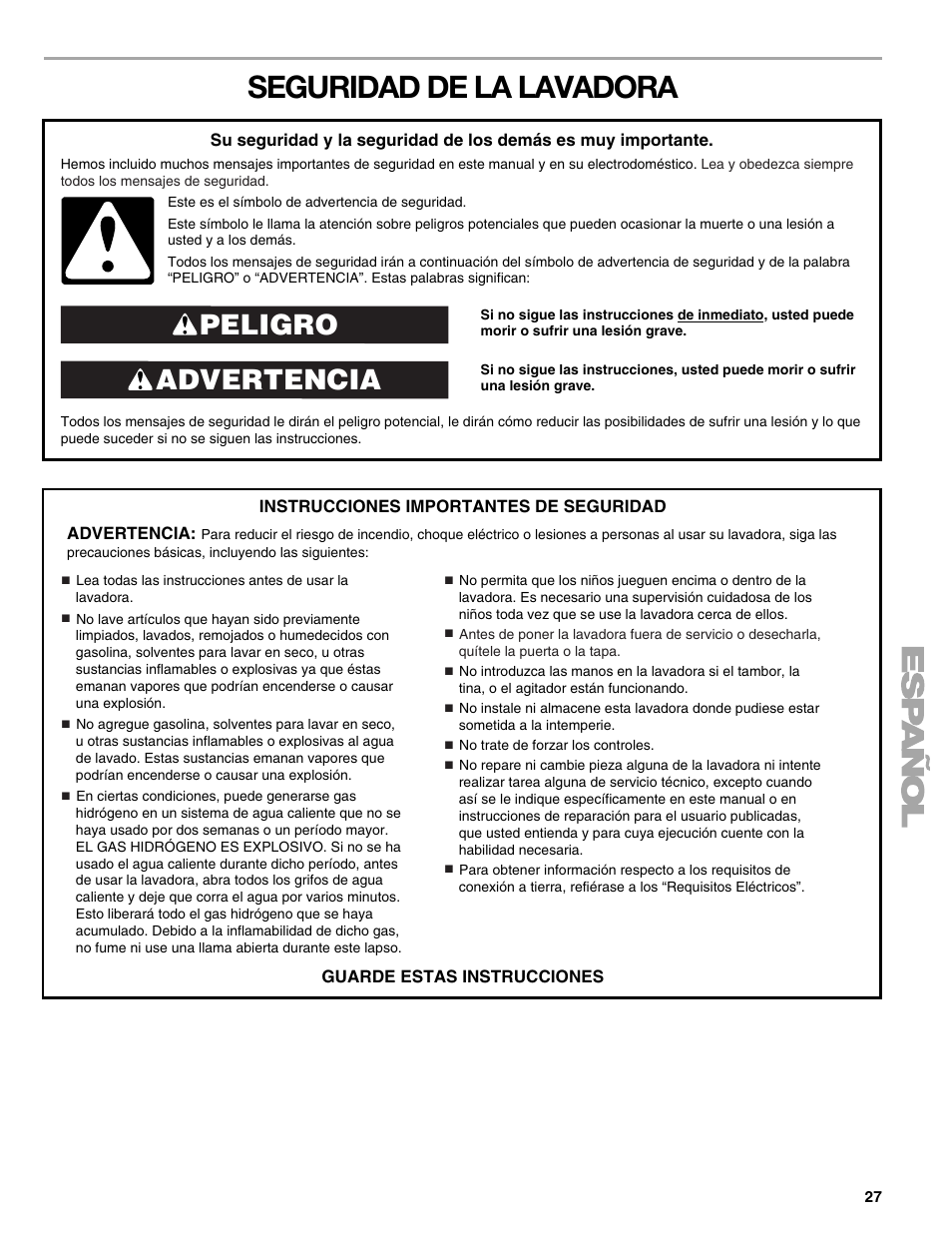 Seguridad de la lavadora, Advertencia peligro | Kenmore elite 2709 User Manual | Page 27 / 76