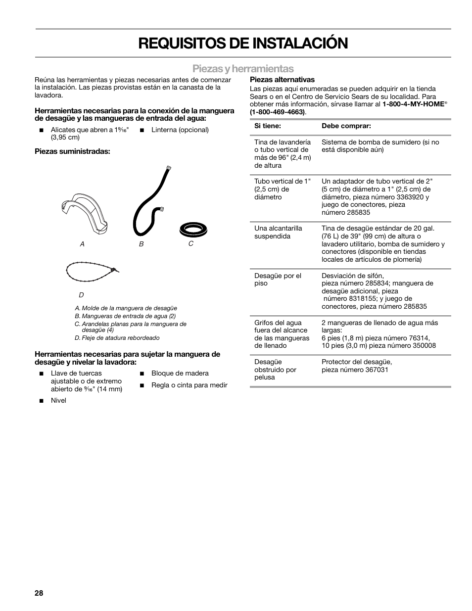 Requisitos de instalación, Piezas y herramientas | Kenmore elite 2709 User Manual | Page 28 / 76