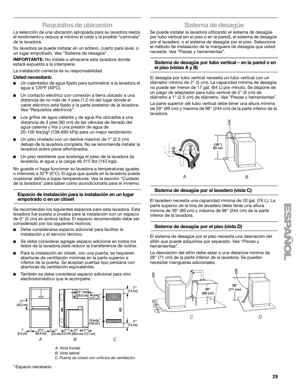 Requisitos de ubicación, Sistema de desagüe | Kenmore elite 2709 User Manual | Page 29 / 76