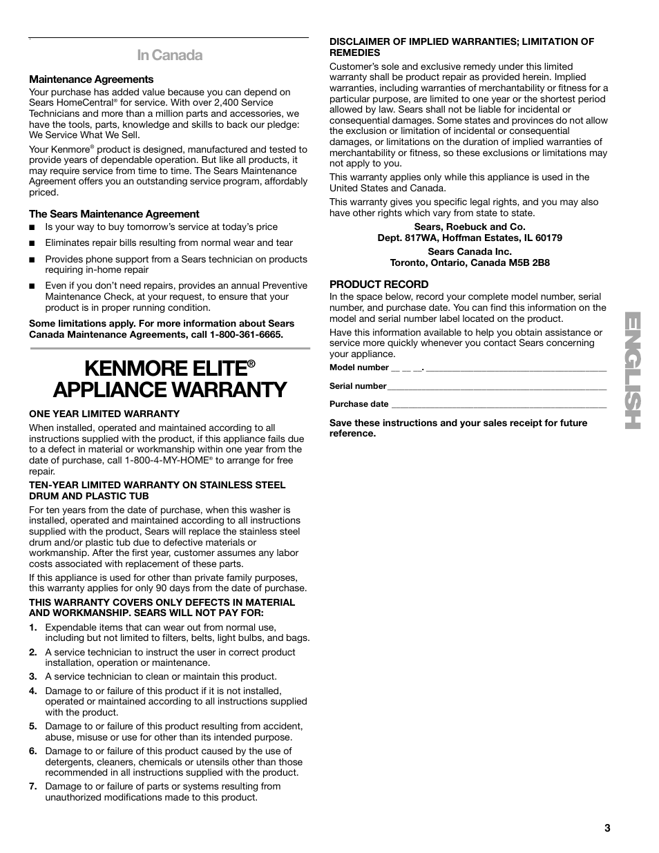 Kenmore elite, Appliance warranty | Kenmore elite 2709 User Manual | Page 3 / 76