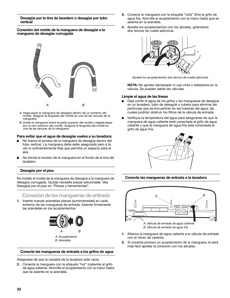 Conexión de las mangueras de entrada | Kenmore elite 2709 User Manual | Page 32 / 76