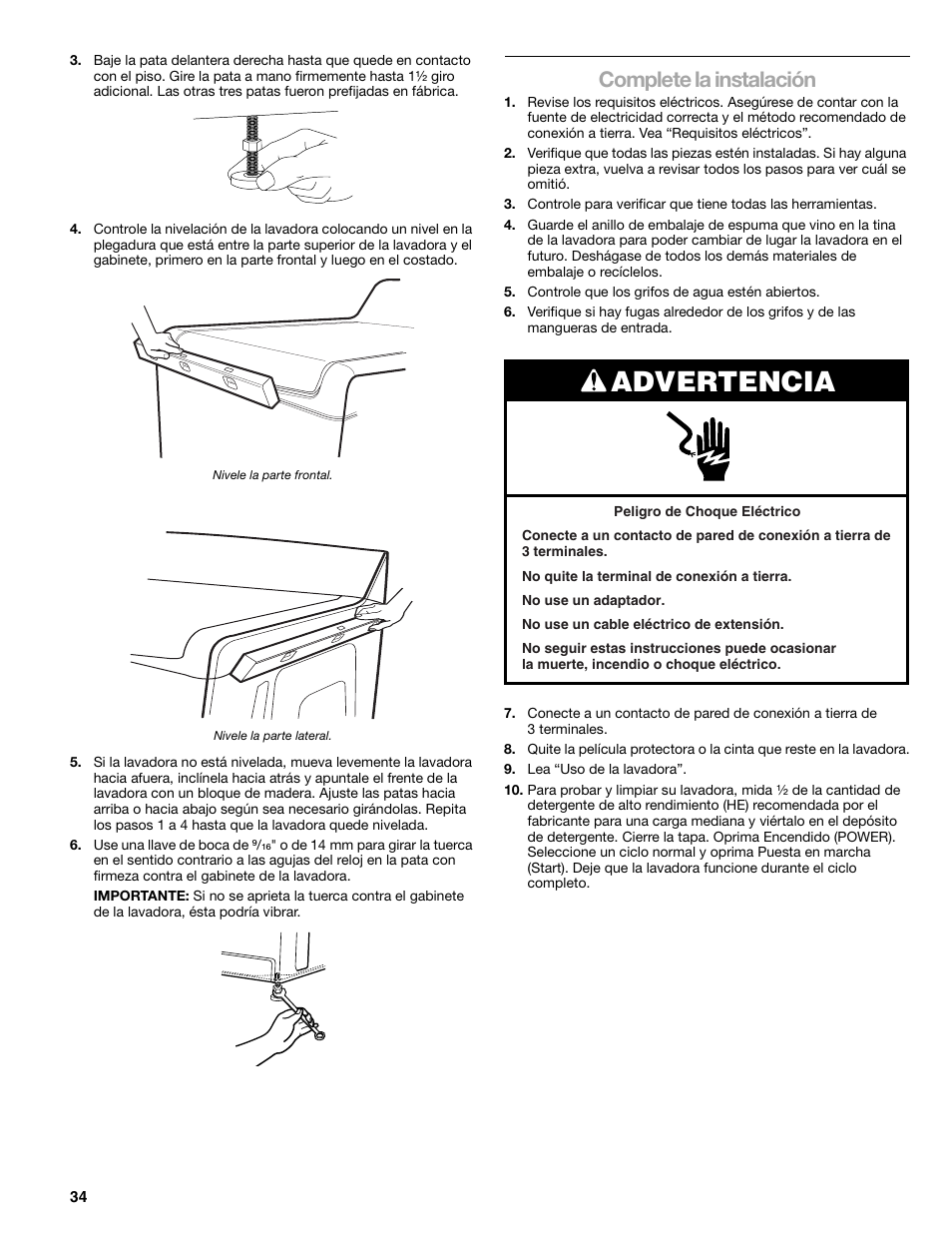 Advertencia, Complete la instalación | Kenmore elite 2709 User Manual | Page 34 / 76