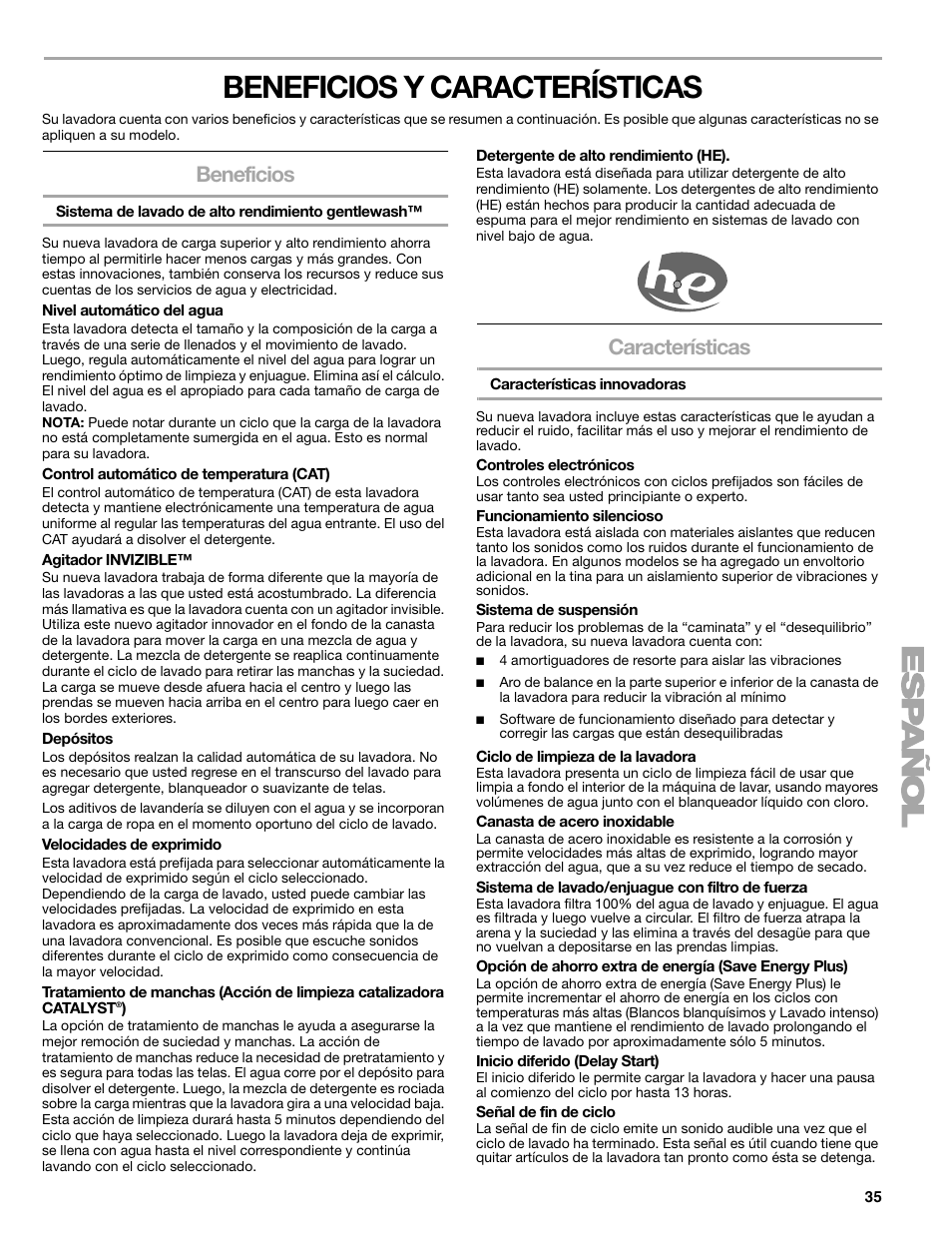 Beneficios y características, Beneficios, Características | Kenmore elite 2709 User Manual | Page 35 / 76