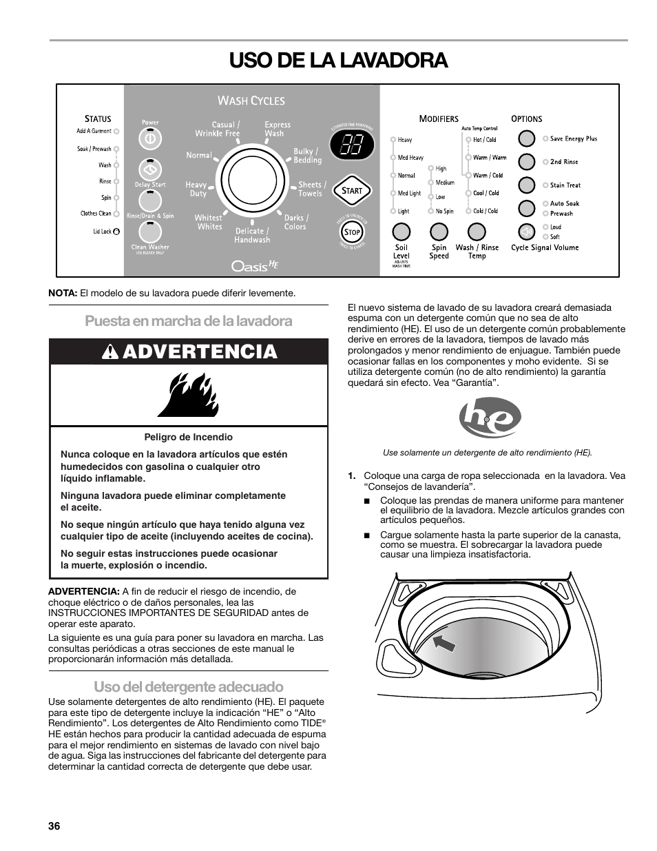 Uso de la lavadora, Advertencia, Puesta en marcha de la lavadora | Uso del detergente adecuado | Kenmore elite 2709 User Manual | Page 36 / 76