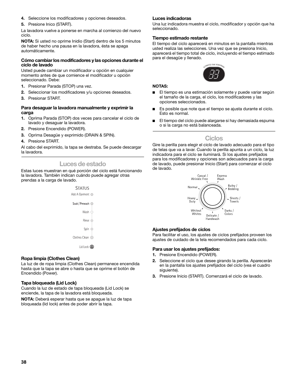 Luces de estado, Ciclos | Kenmore elite 2709 User Manual | Page 38 / 76