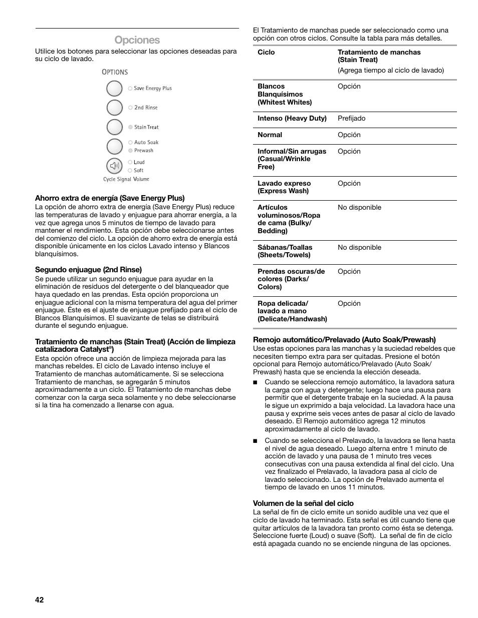 Opciones | Kenmore elite 2709 User Manual | Page 42 / 76