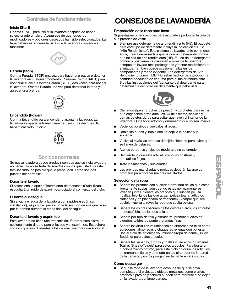 Consejos de lavandería, Controles de funcionamiento, Sonidos normales | Kenmore elite 2709 User Manual | Page 43 / 76