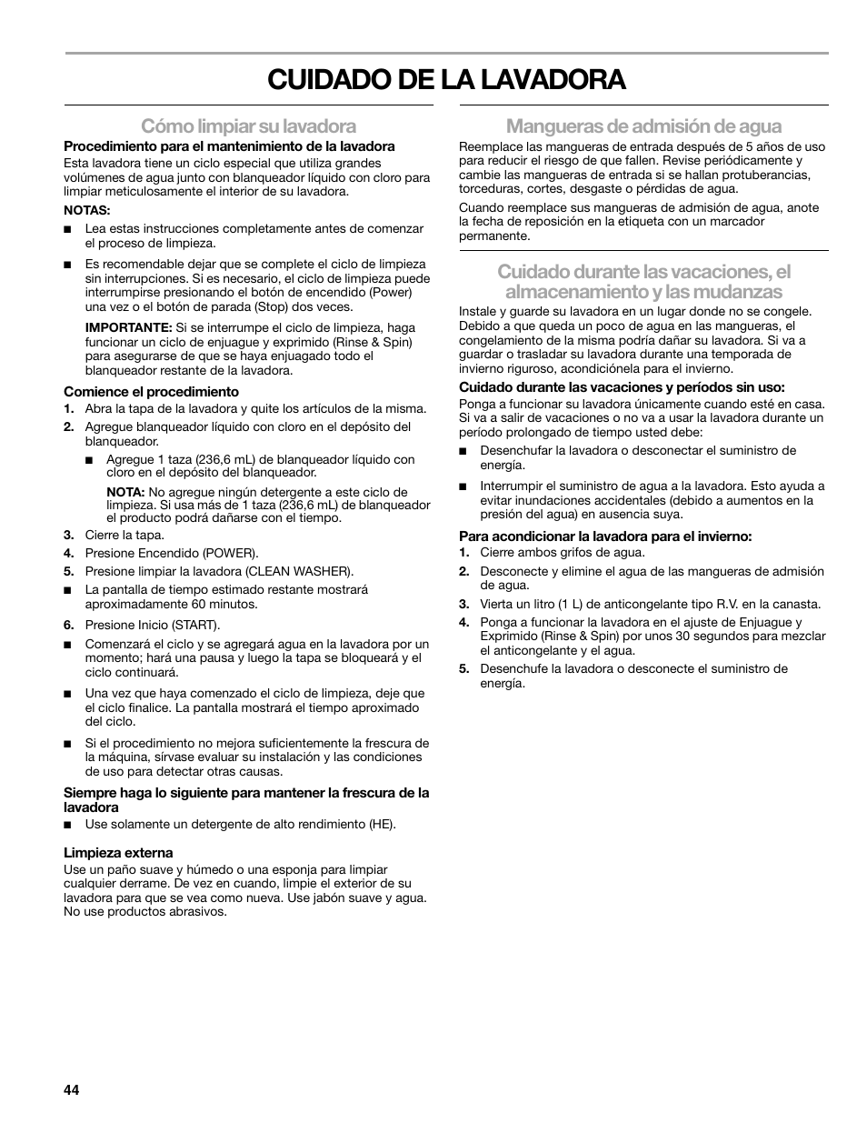 Cuidado de la lavadora, Cómo limpiar su lavadora, Mangueras de admisión de agua | Kenmore elite 2709 User Manual | Page 44 / 76