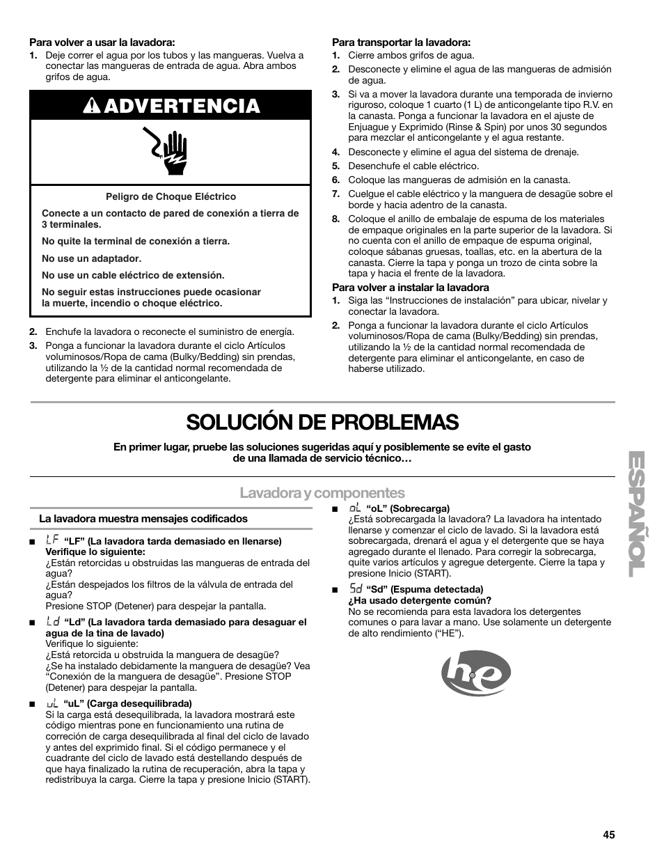 Solución de problemas, Advertencia, Lavadora y componentes | Kenmore elite 2709 User Manual | Page 45 / 76