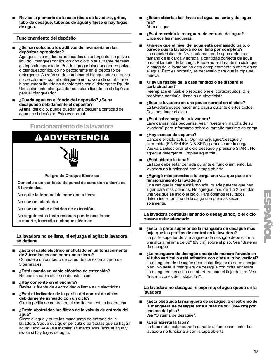 Advertencia, Funcionamiento de la lavadora | Kenmore elite 2709 User Manual | Page 47 / 76