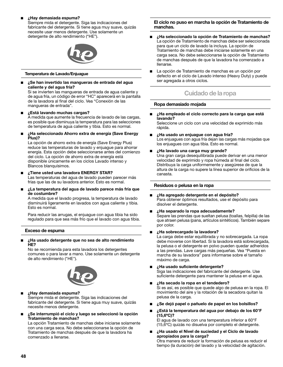 Cuidado de la ropa | Kenmore elite 2709 User Manual | Page 48 / 76