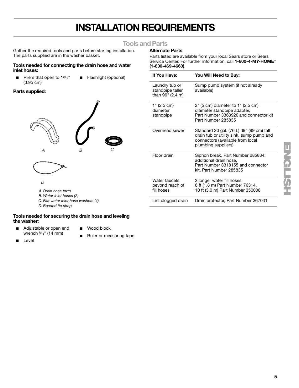 Installation requirements, Tools and parts | Kenmore elite 2709 User Manual | Page 5 / 76